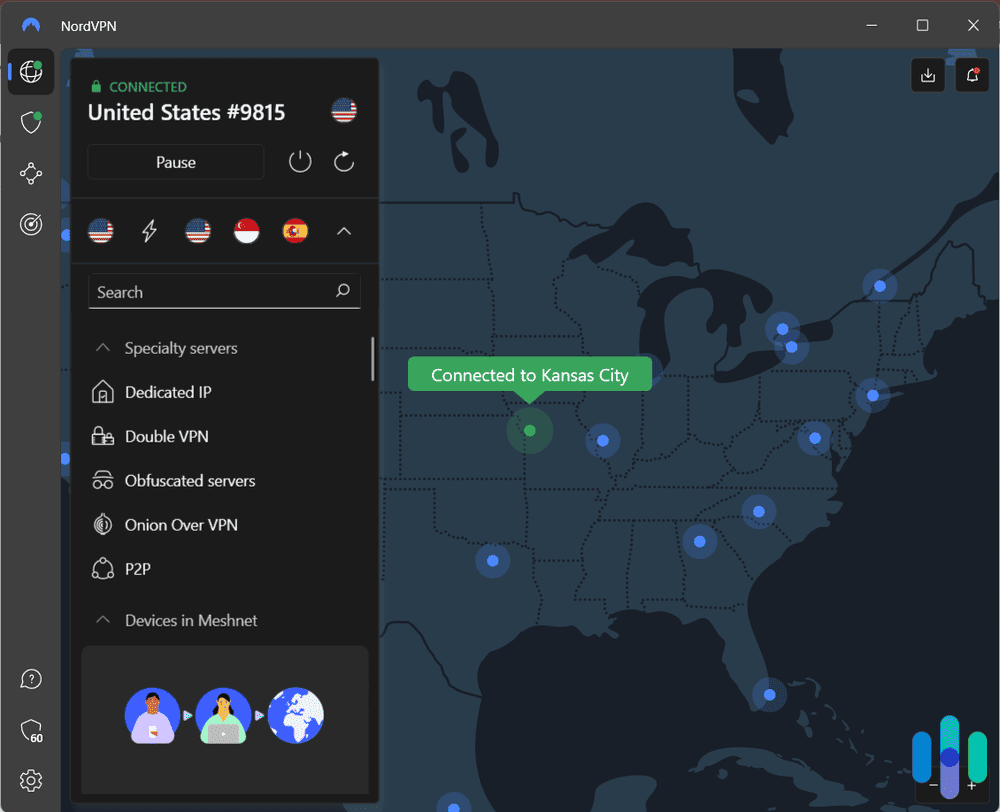 NordVPN connected to Kansas City