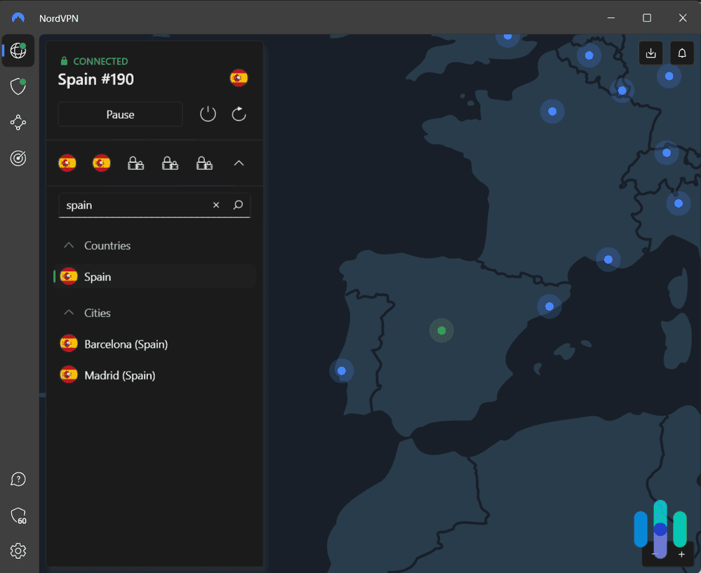 NordVPN connected to Madrid.