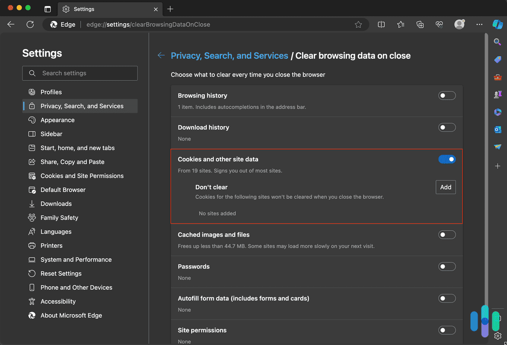 Cookies and other site data location on Edge