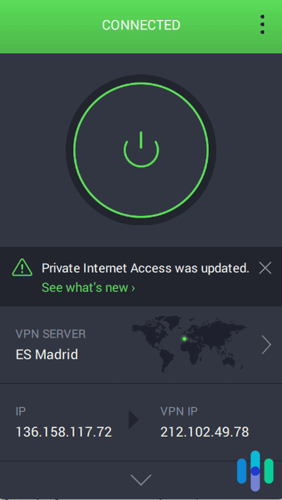 Private Internet Access VPN connected to a Madrid server