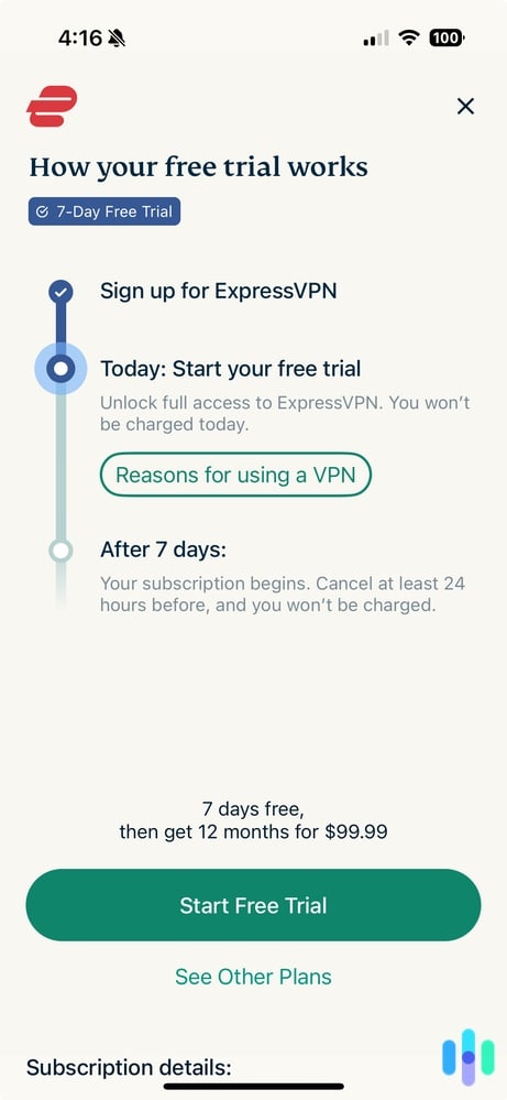 Setting up a 7-day free trial with the ExpressVPN App