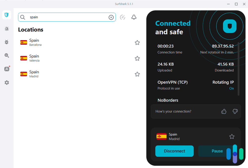 Surfshark VPN connected to Madrid, Spain