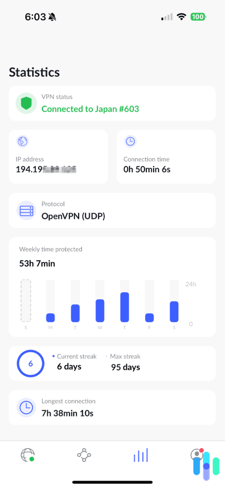 iOS 上 NordVPN 的使用统计屏幕