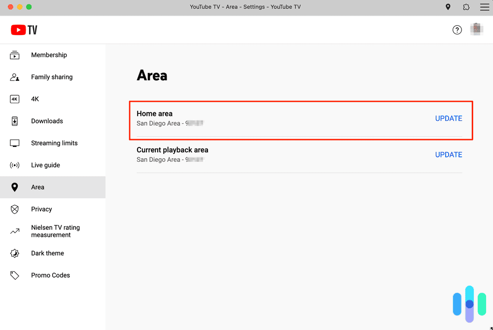 Area settings on YouTubeTV