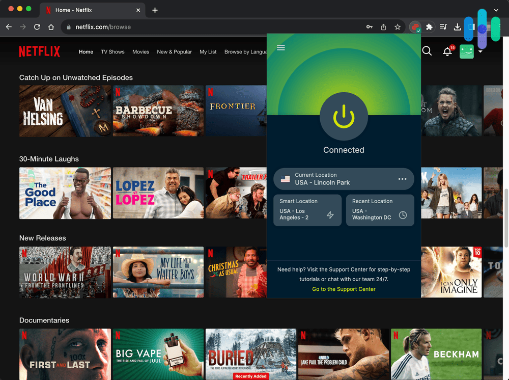 Browsing Netflix while using the ExpressVPN Chrome App