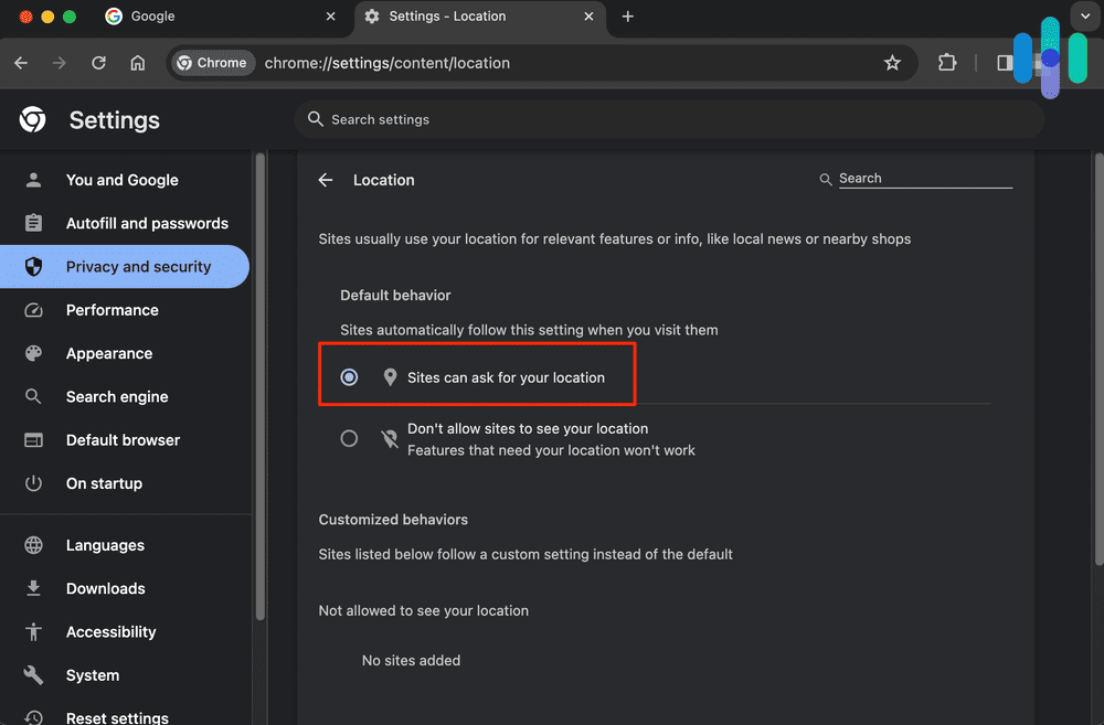 Chrome's location settings