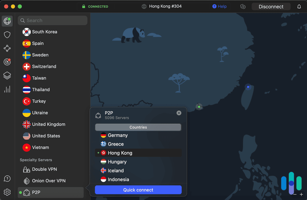 Connected to the Hong Kong P2P server with the NordVPN app