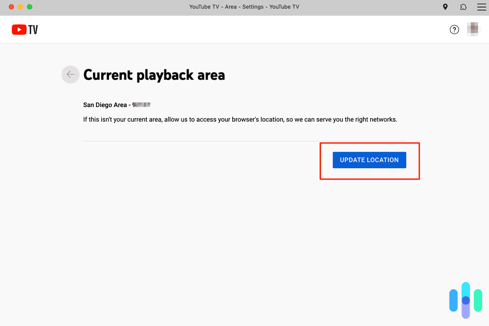 Current playback area setting on YouTubeTV