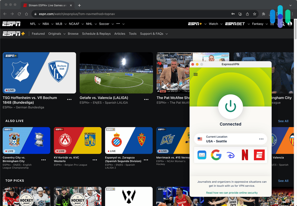 ESPN Plus Connected with ExpressVPN