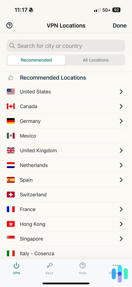 Recommended VPN locations on ExpressVPN’s iOS App