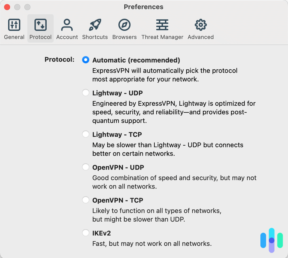 ExpressVPN's list of protocols