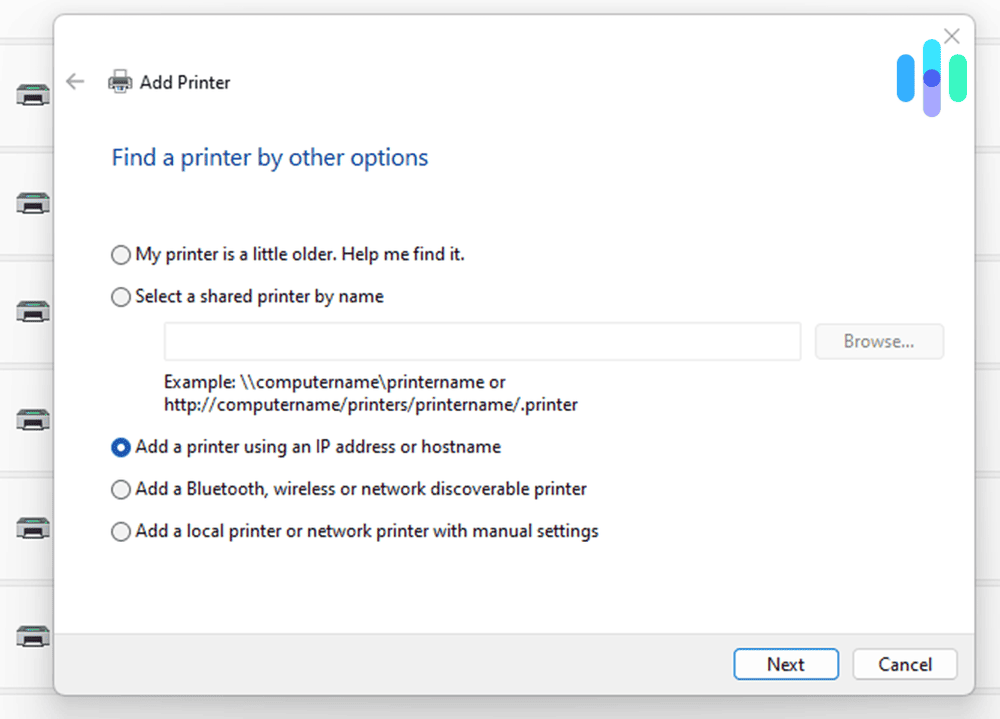 Add a printer using an IP address or hostname