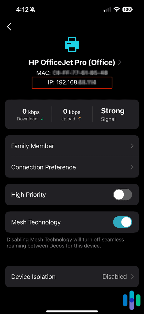 Finding the IP address of our printer from our Deco router app