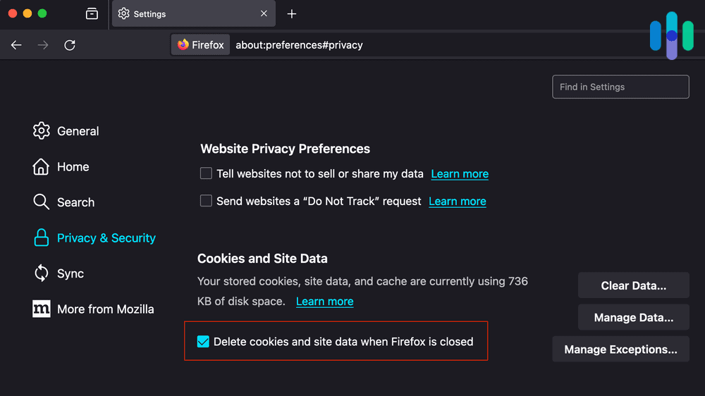 "Delete Cookies and Site Data When Firefox Is Closed" checkbox on Firefox