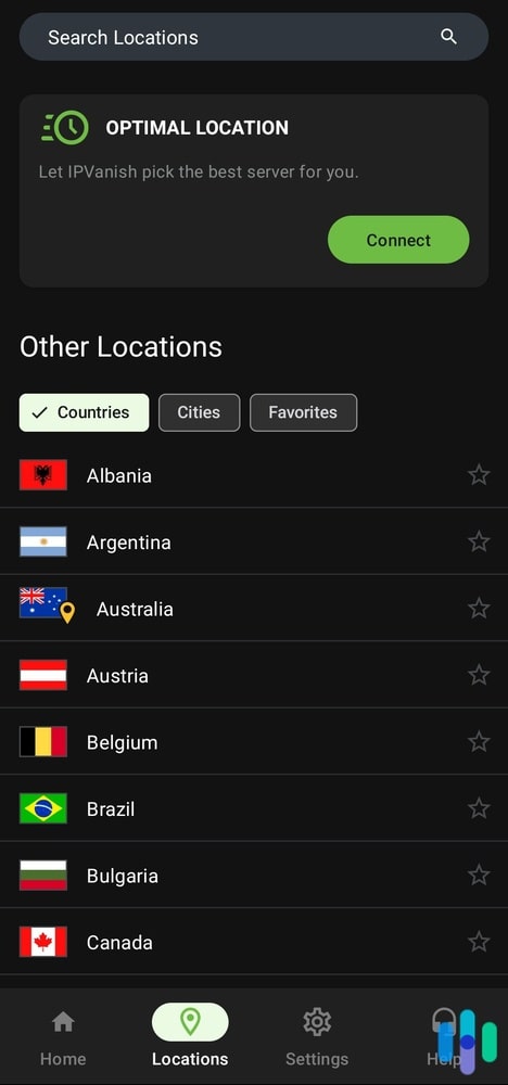 IPVanish showing optimal server locations