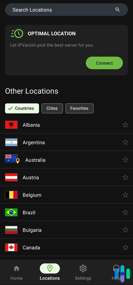 IPVanish's location browser on the mobile app