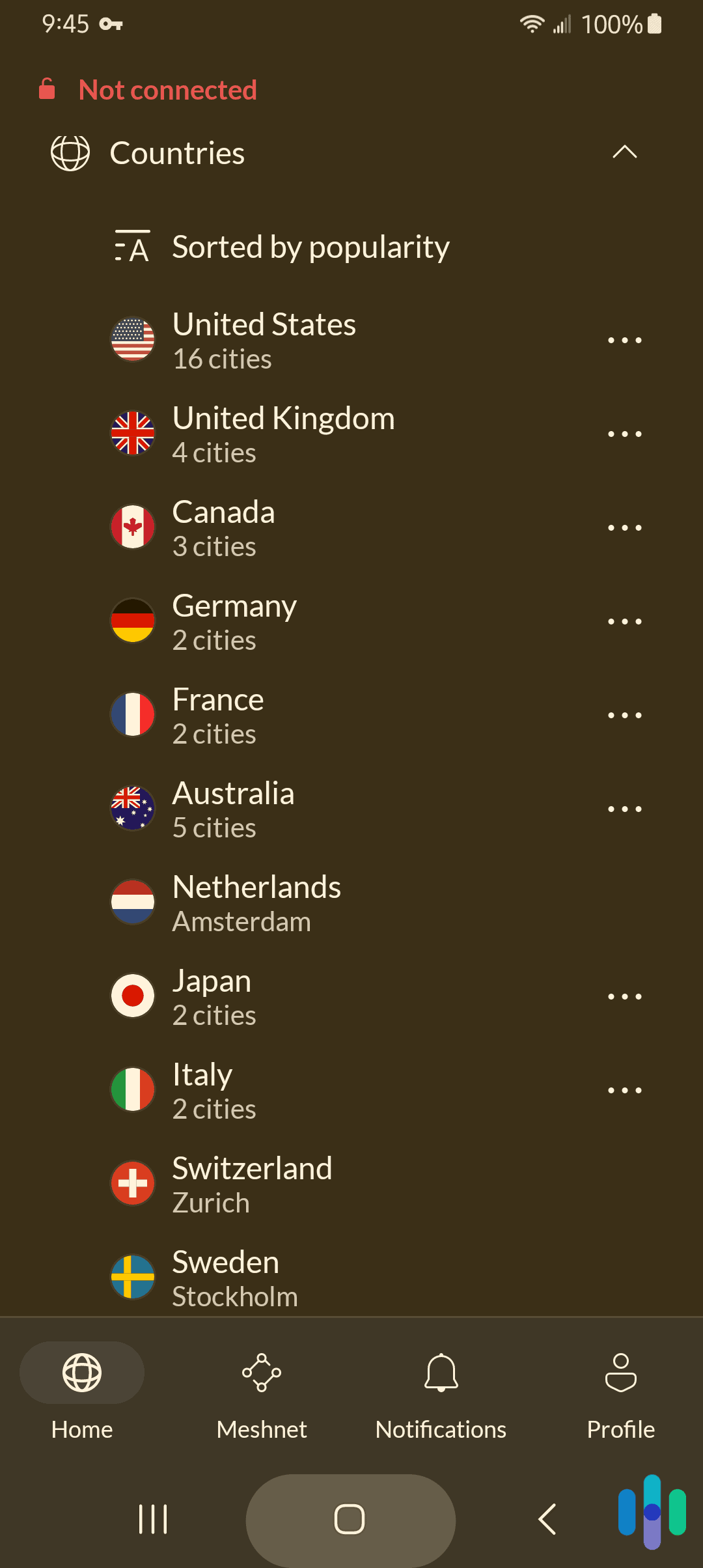 List of available countries on NordVPN Android App