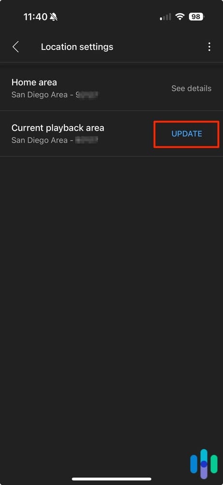 YouTubeTV Location settings on an iPhone