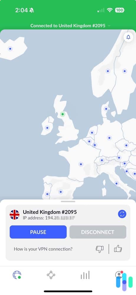 NordVPN App using a UK IP address from the US