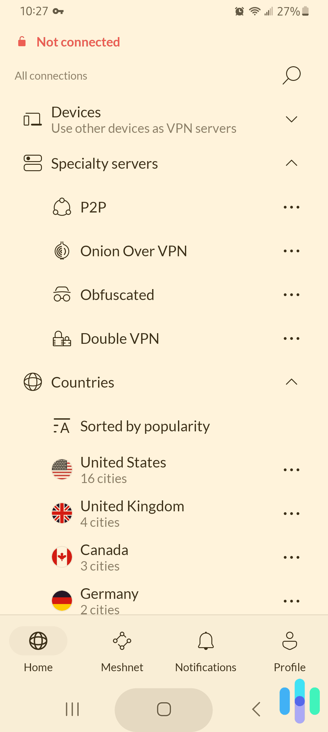 NordVPN Home Screen on Android App