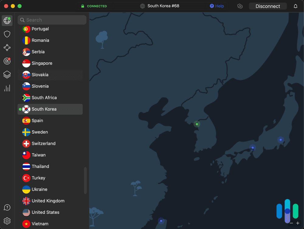 NordVPN connected in South Korea