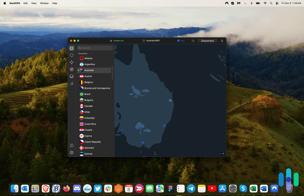 NordVPN’s Mac app connected to Australia