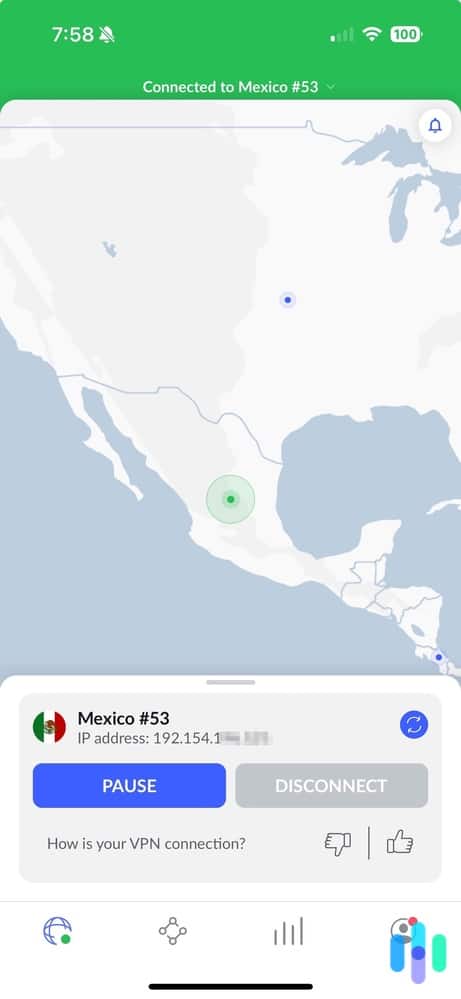 NordVPN iPhone app connected to Mexico