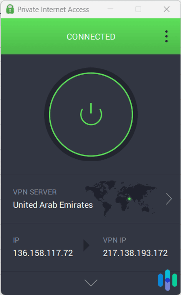 Private Internet Access VPN connected to a server in the United Arab Emirates