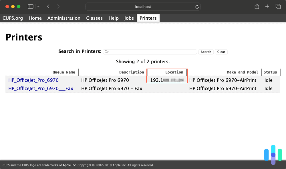 Printer IP address location from the CUPS webpage