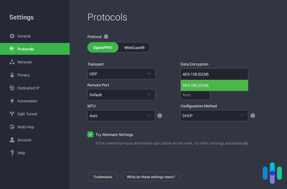 Private Internet Access VPN's protocol settings