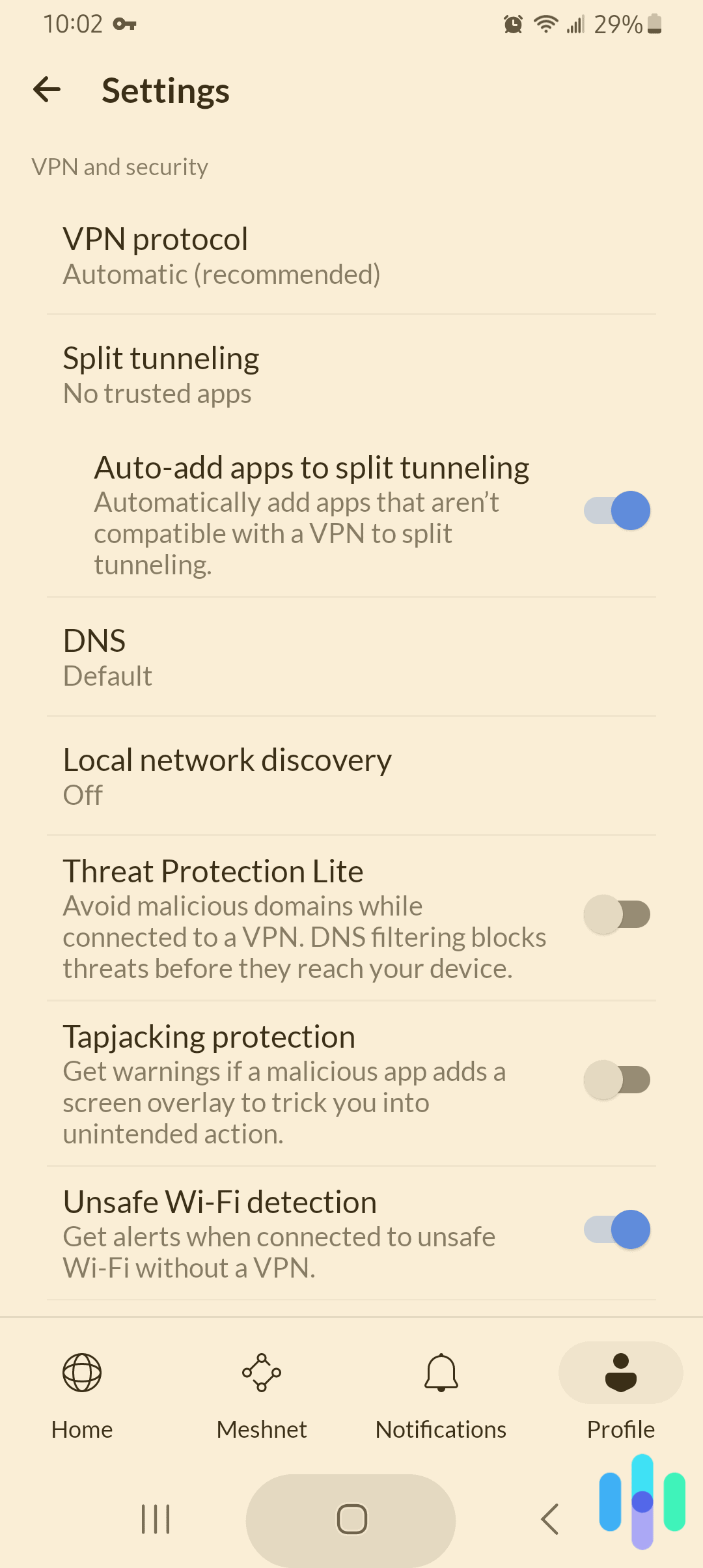 NordVPN settings on the Android App