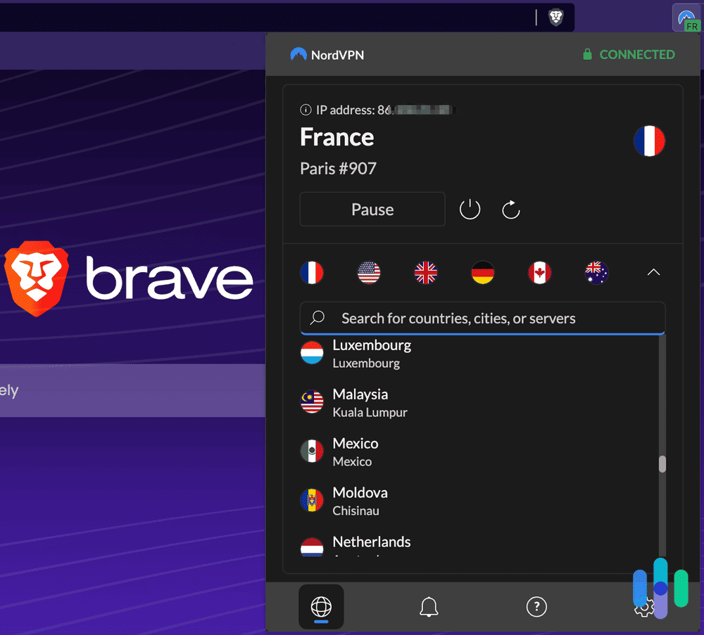 Testing NordVPN's browser extension on Brave