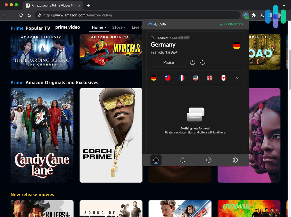 Using NordVPN on Prime Video with an IP address from German