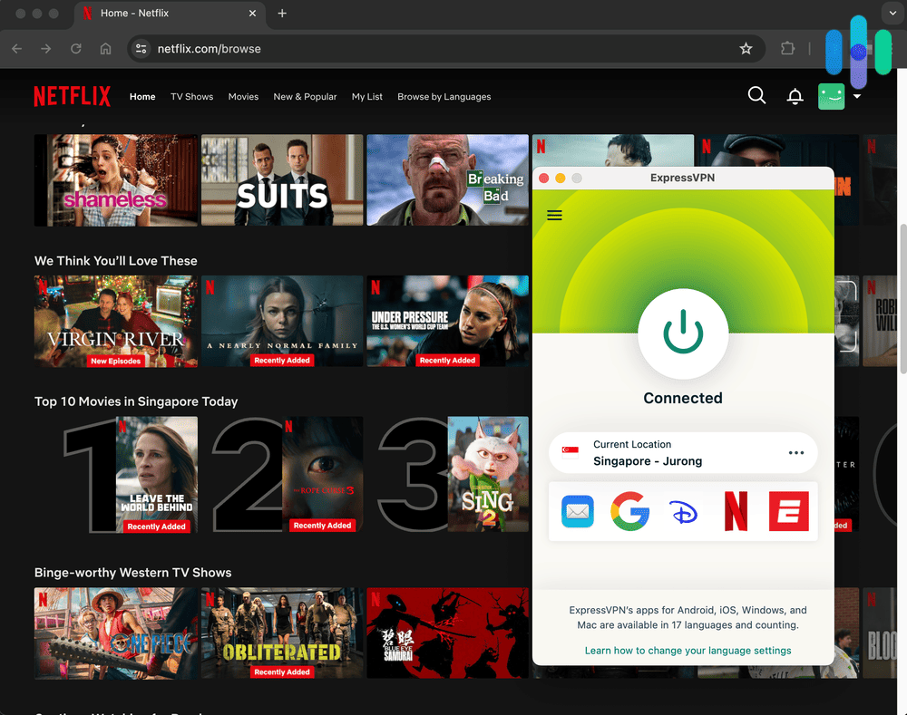 Using ExpressVPN on Netflix and changing our server to Singapore to see what's trending