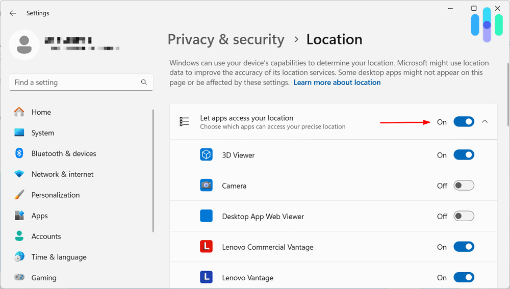 Windows location settings