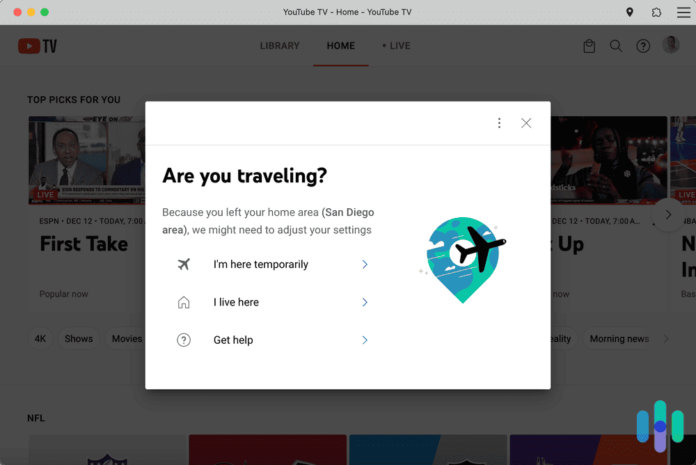YouTube TV Travel Popup message