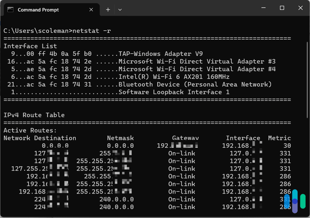 netstat -r command results on Command Prompt