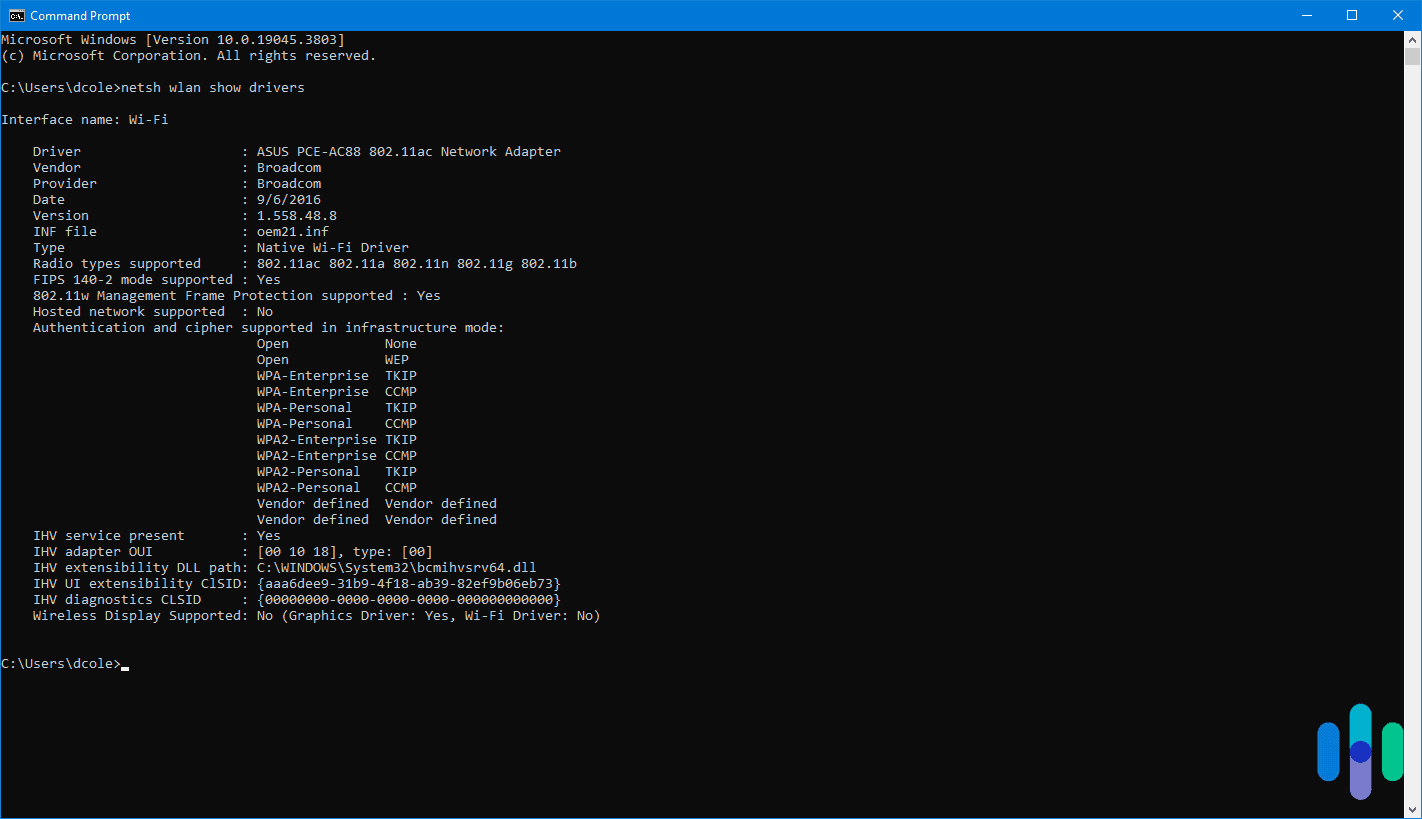 "netsh wlan show drivers" results in Command Prompt