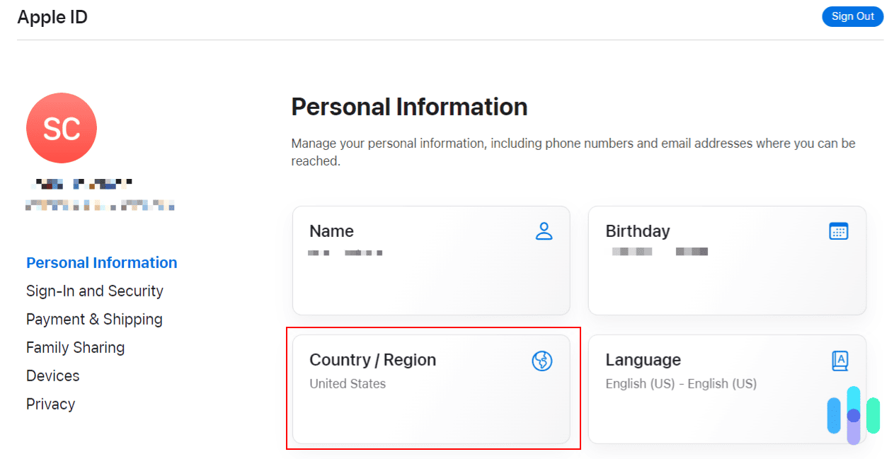 Apple ID Country / Region Location on a Web Browser