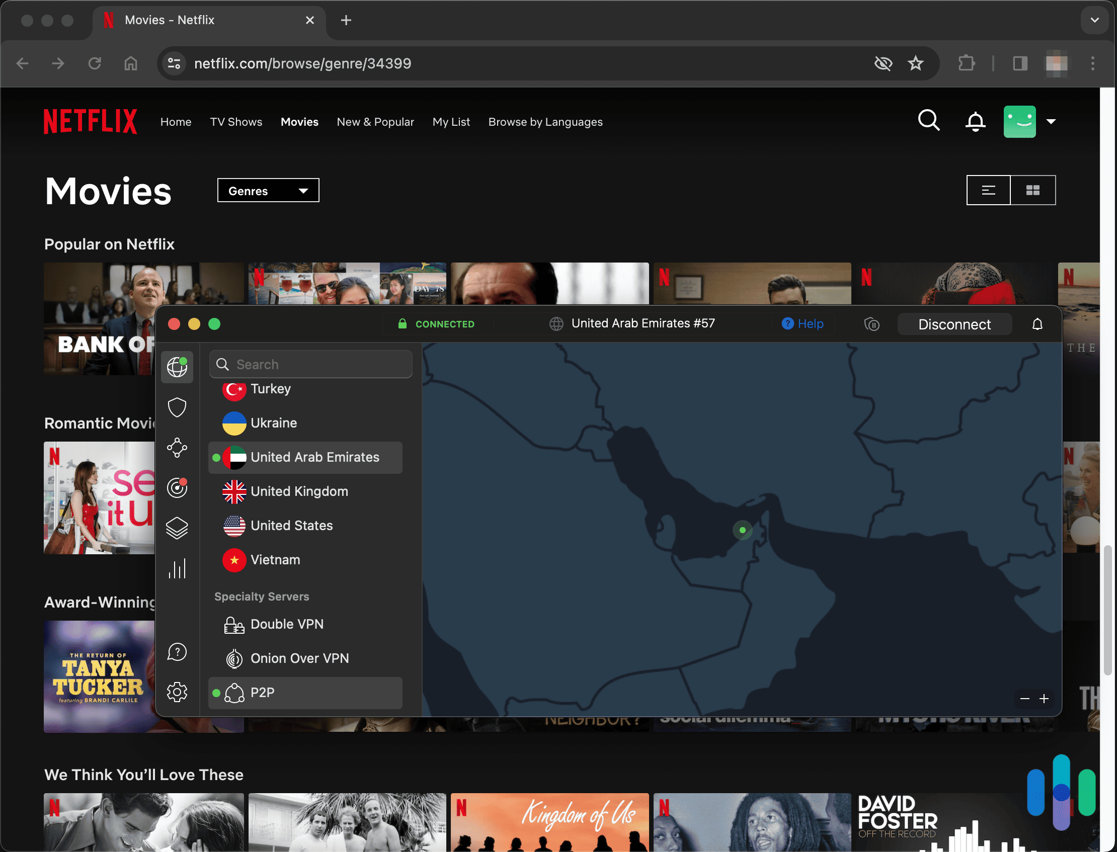 Browsing Netflix using NordVPN and connected to United Arab Emirates