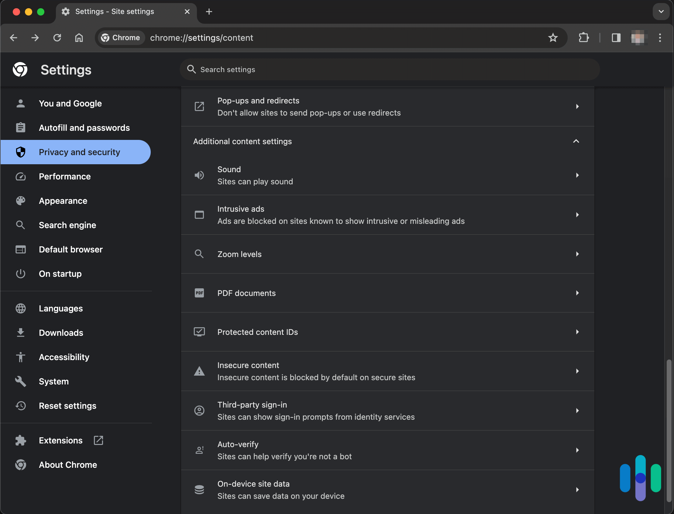 Site Setting Options in Chrome