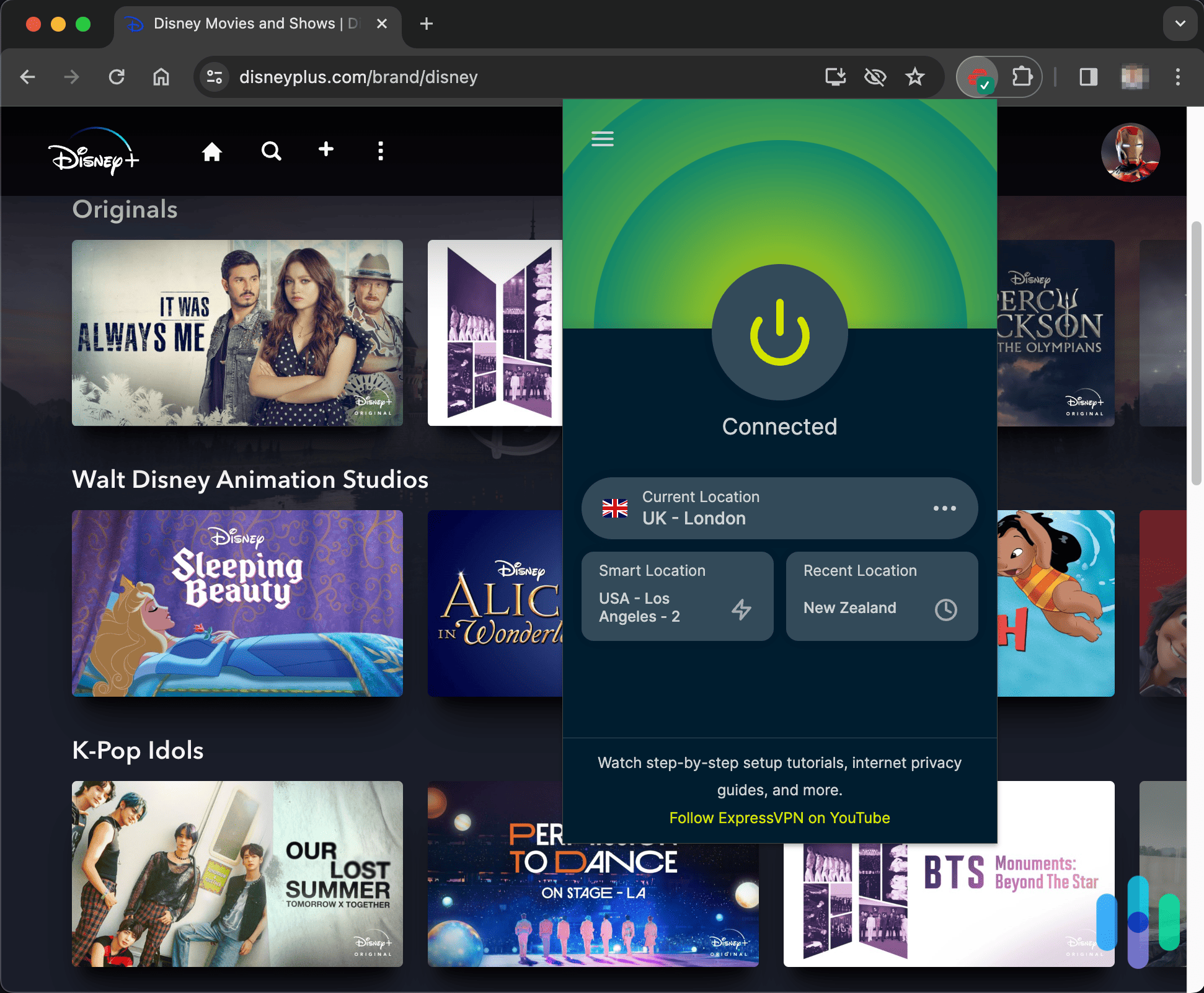 On Disney Plus connected to London, UK using ExpressVPN with the Chrome extension