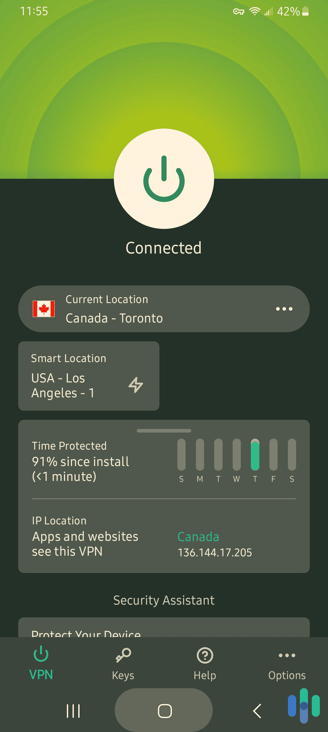 ExpressVPN Connected to Toronto, Canada on the Android App