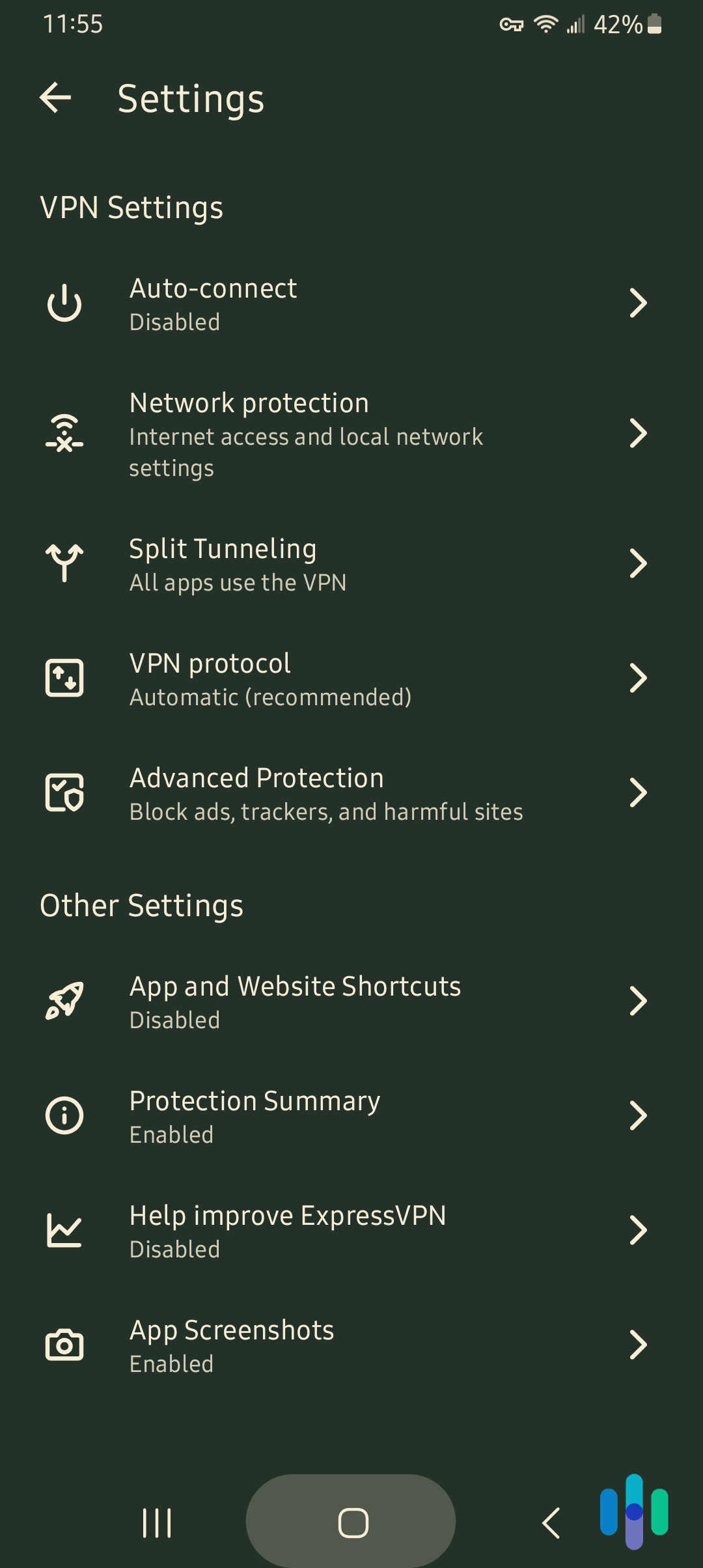 ExpressVPN's Security Settings on the Android App