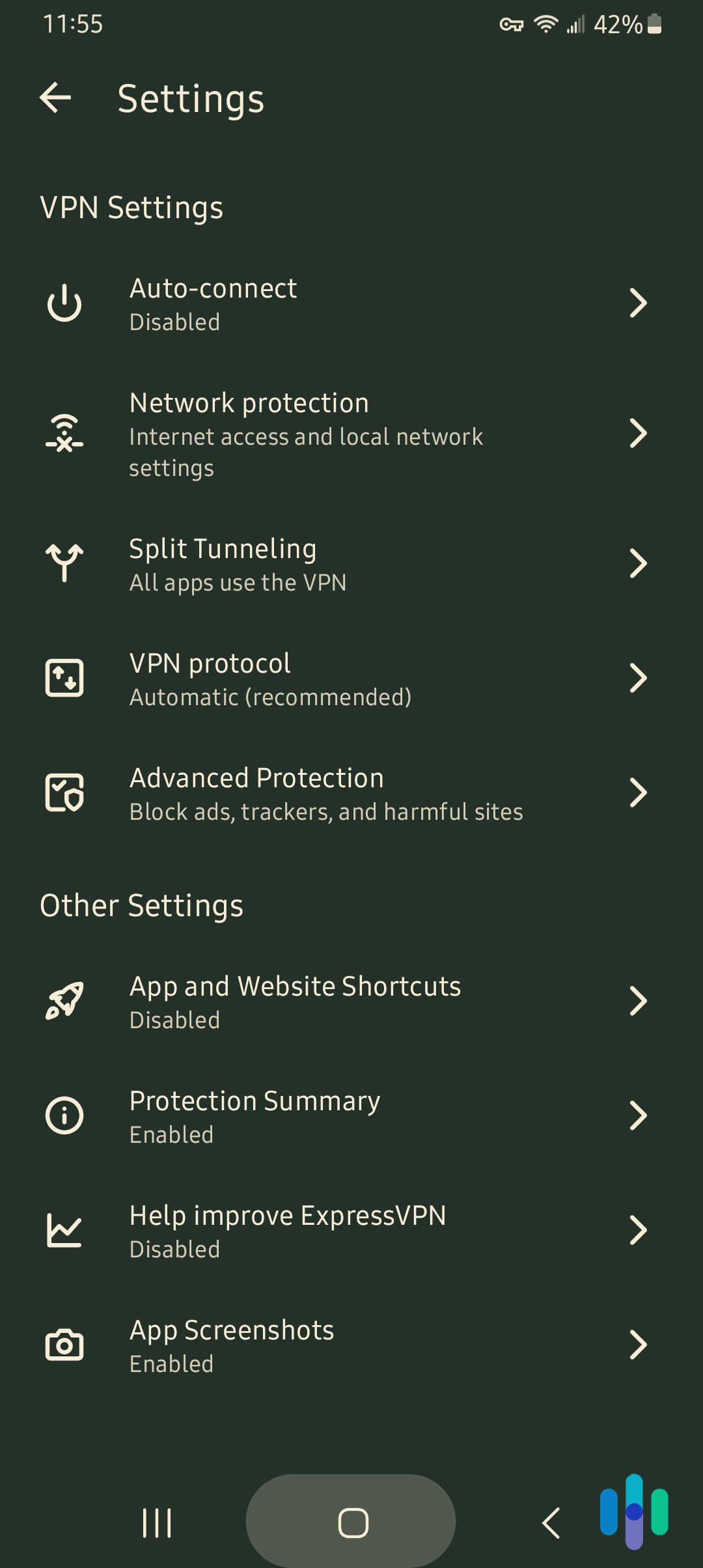 ExpressVPN Settings on Android