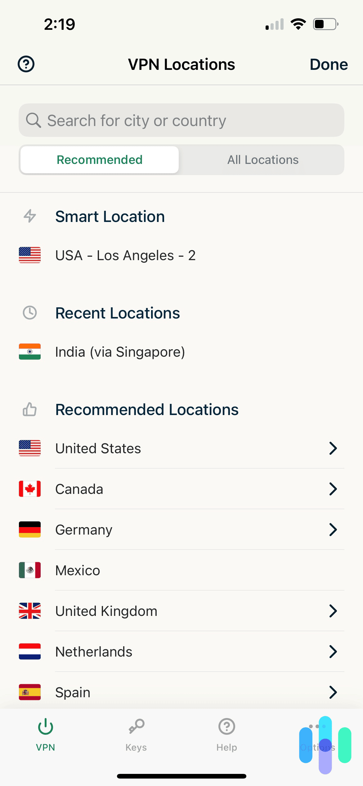 ExpressVPN VPN Locations on iPhone