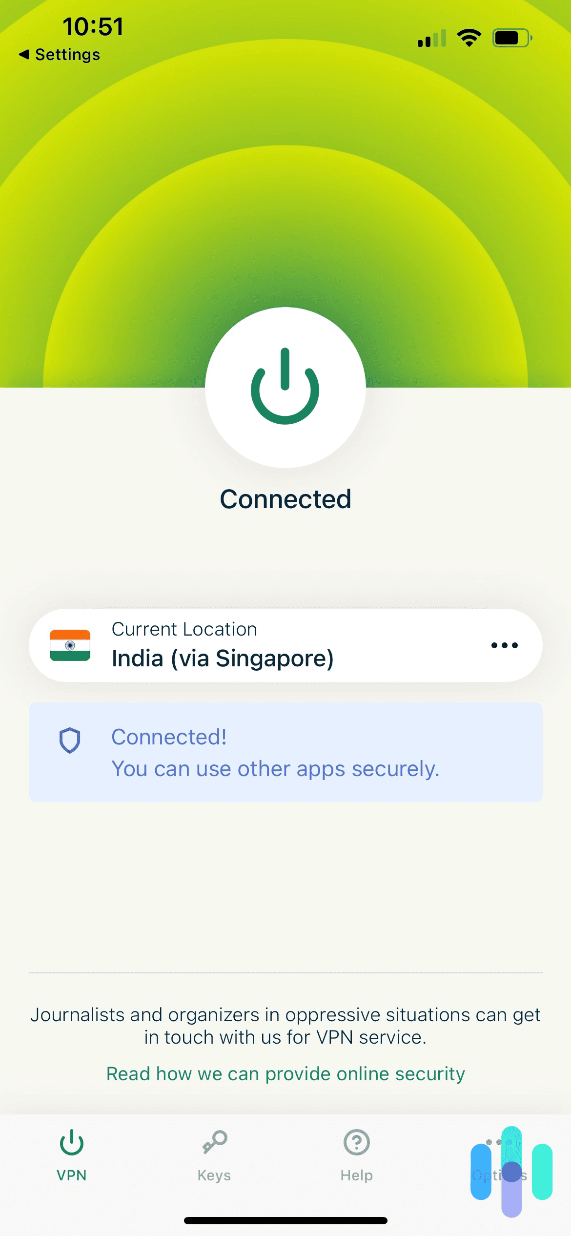 ExpressVPN connected to India on iPhone