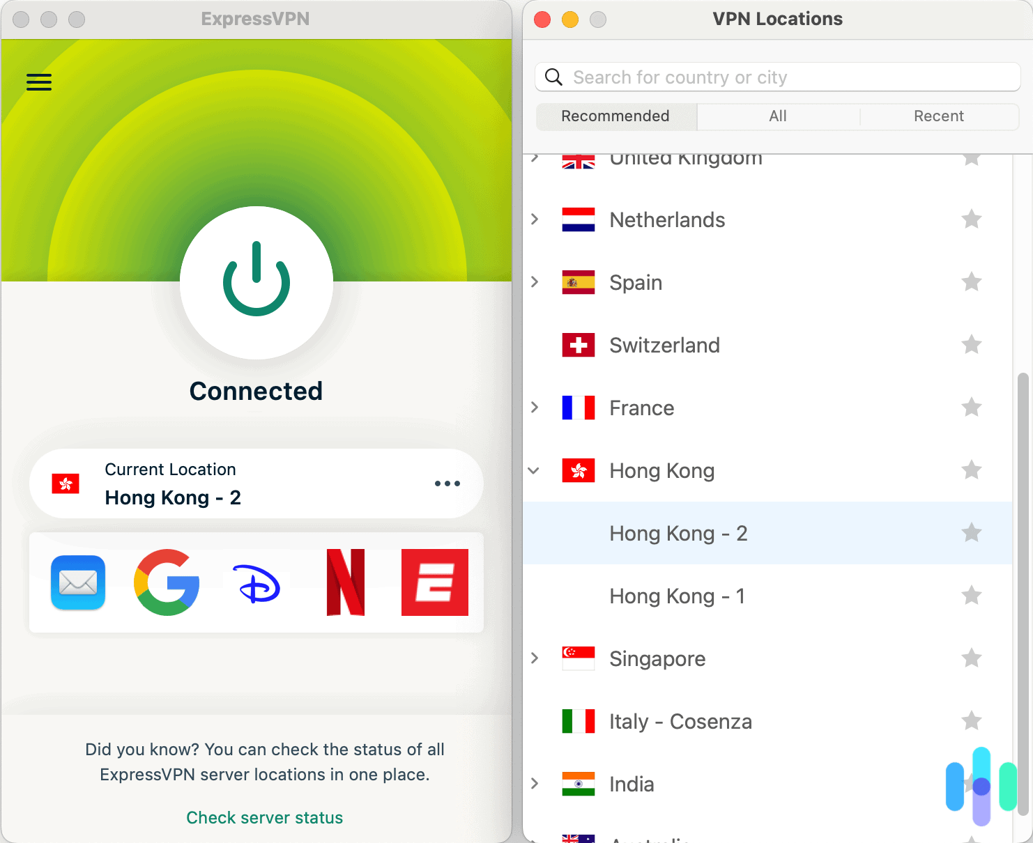 ExpressVPN desktop app connected to Hong Kong