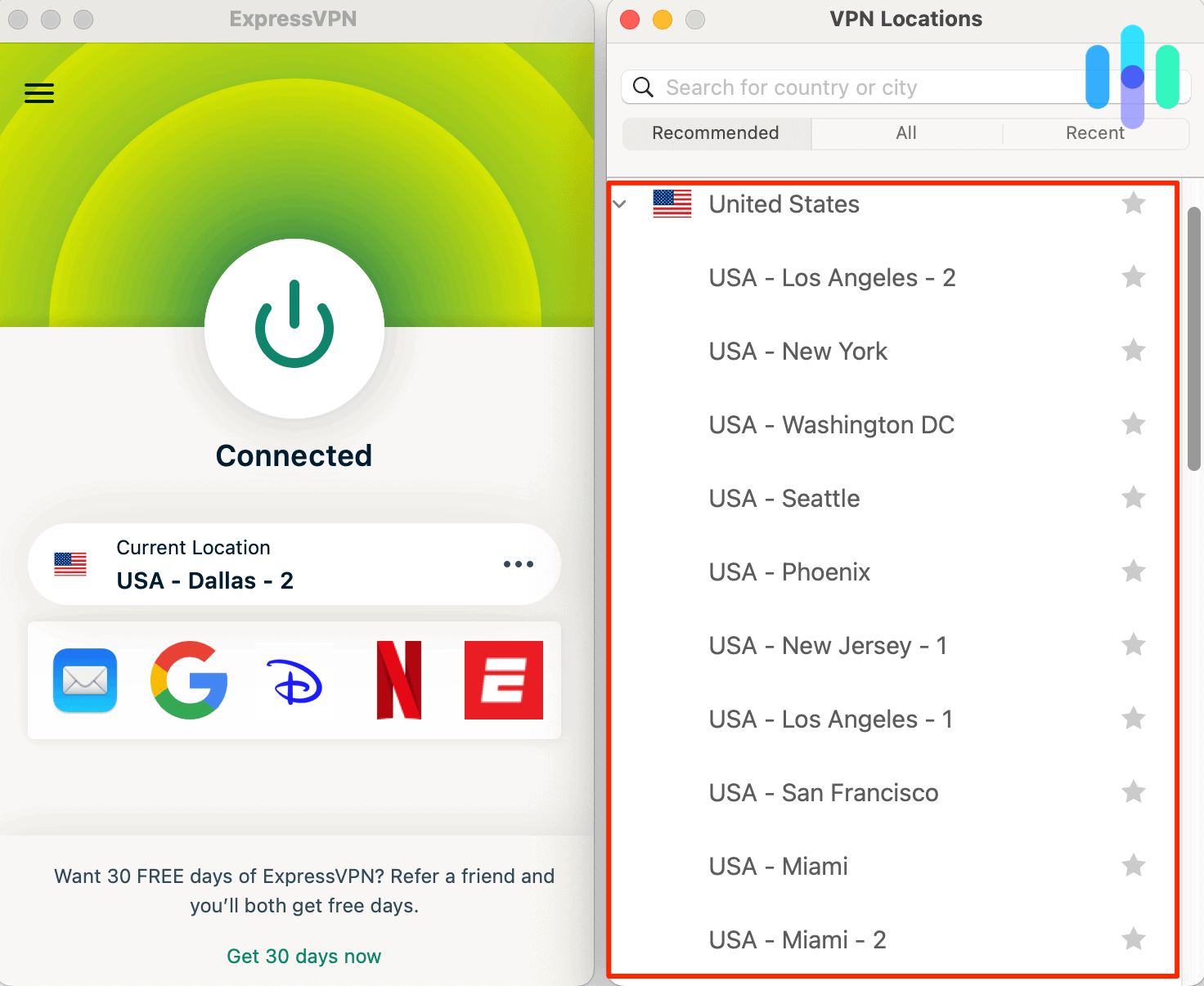 ExpressVPN has different 18 US cities to connect to