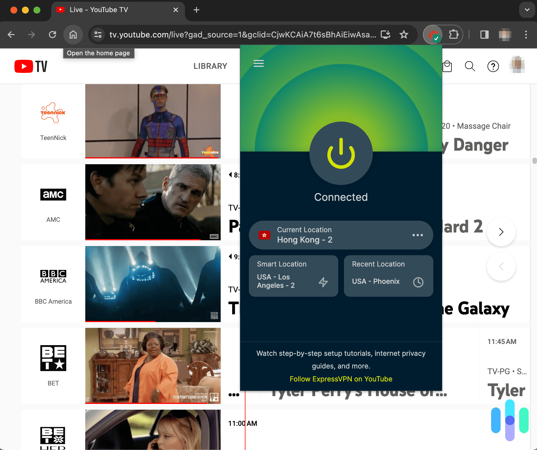 ExpressVPN with the Chrome extension connected to Hong Kong while watching YouTube TV